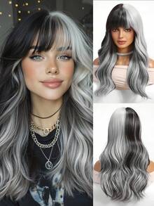 22英寸黑白渐变中长卷发假发，带刘海，层次感设计，耐热合成纤维，柔软易造型，适合日常、派对、节日等场合，是送给女性的完美礼物。 - 拼色 - 查看 3
