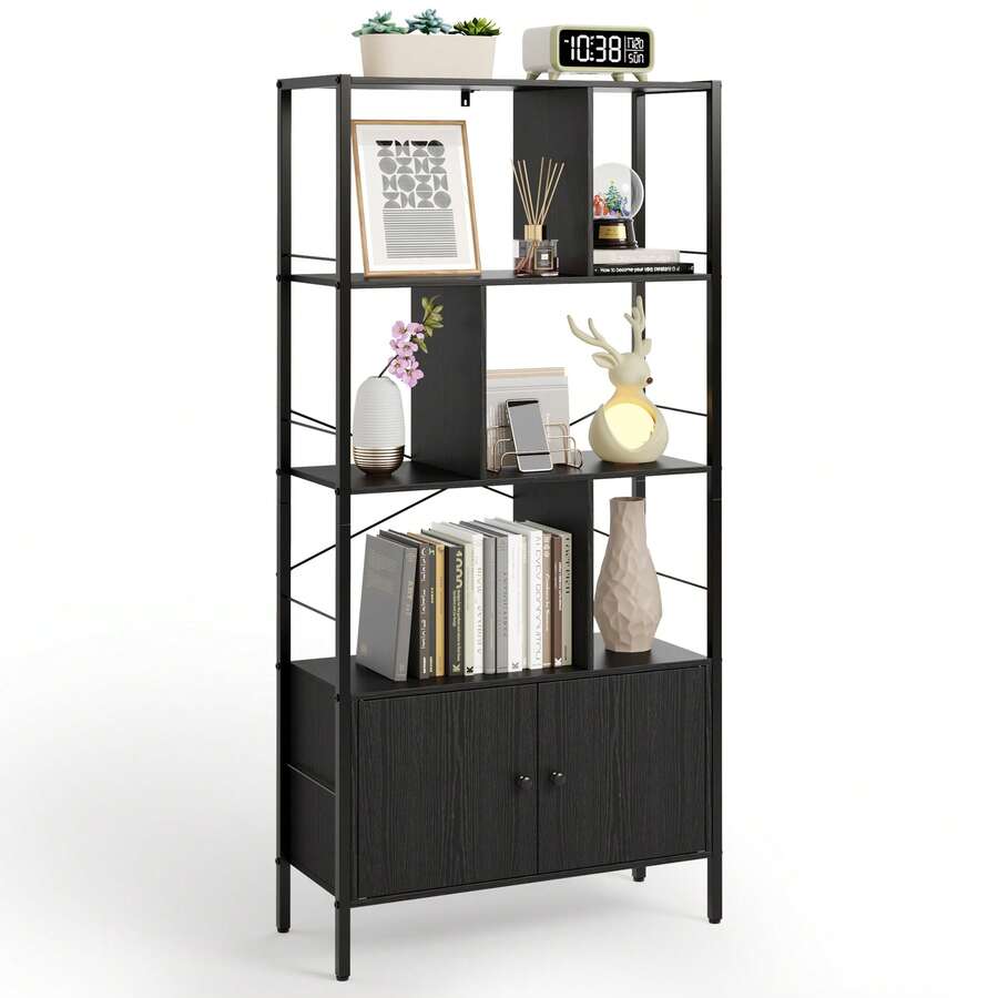 Freistehendes, doppel-türiges, sechsstöckiges, leiterförmiges Bücherregal mit Metallregalen, geeignet für Wohnzimmer, Arbeitszimmer, Büros und industrielle Designumgebungen