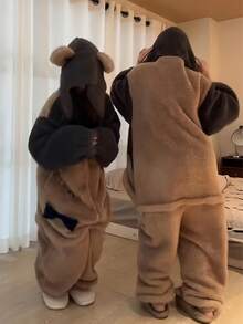 一件可爱小熊连帽珊瑚绒连体衣，女款，舒适保暖，冬季家居服，柔软舒适，长袖小熊图案，适合春秋季穿着，卡通熊耳连帽睡衣，甜美家居服，适合新年、情人节等节日，情人节礼物，女士礼物 - 彩色 - 查看 7