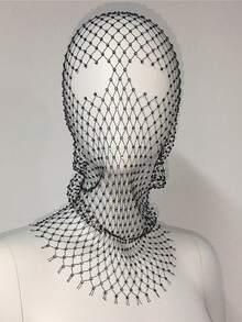 闪亮水钻装饰女士帽子镂空渔网孔全脸面罩头巾帽子派对、学校
