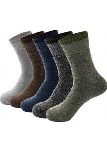 5 Pairs Of Mixed Color Men's Mid Length Socks, Warm And Thick Winter Long Socks, Knitted Fabric, Crew Socks Plush Couple Socks