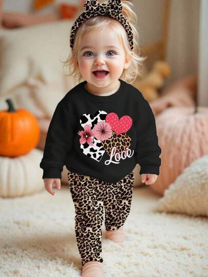 1 件幼儿女童休闲豹纹心形印花圆领套头衫，秋冬