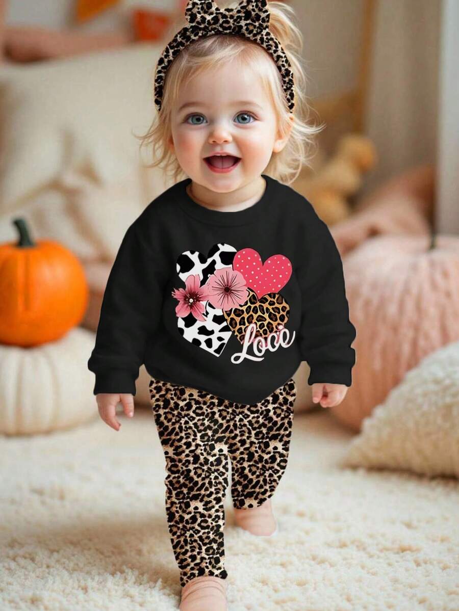 1 件幼儿女童休闲豹纹心形印花圆领套头衫，秋冬 - 黑色 - 查看 1