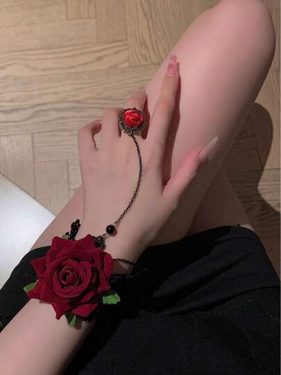 1pc Rose Lace Bracelet, Vintage Gothic Lace Wrist Accessory Bracelet, Halloween Rose Red Decoration