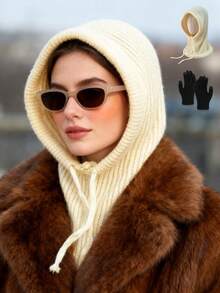 1件/2件装女士抽绳仿领羊毛拉法帽户外滑雪保暖针织面颈防护面罩帽，适合冬季防寒，颜色和款式随机发货，圣诞礼物 - 淡奶黃 - 查看 7