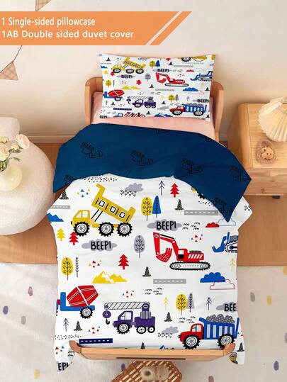 2 Stücke Baufahrzeug Thema 3D Bettwäsche-Set, beidseitiger Muster (1 einseitig bedruckter Kissenbezug + 1 beidseitig bedruckter Bettbezug), Set für Kinderzimmer/Kindergarten, digital bedruckter süßer Muster Bettbezug, Kinderbettwäsche mit Kissenbezug für Kleinkinder, Babys, Säuglinge, Kinder