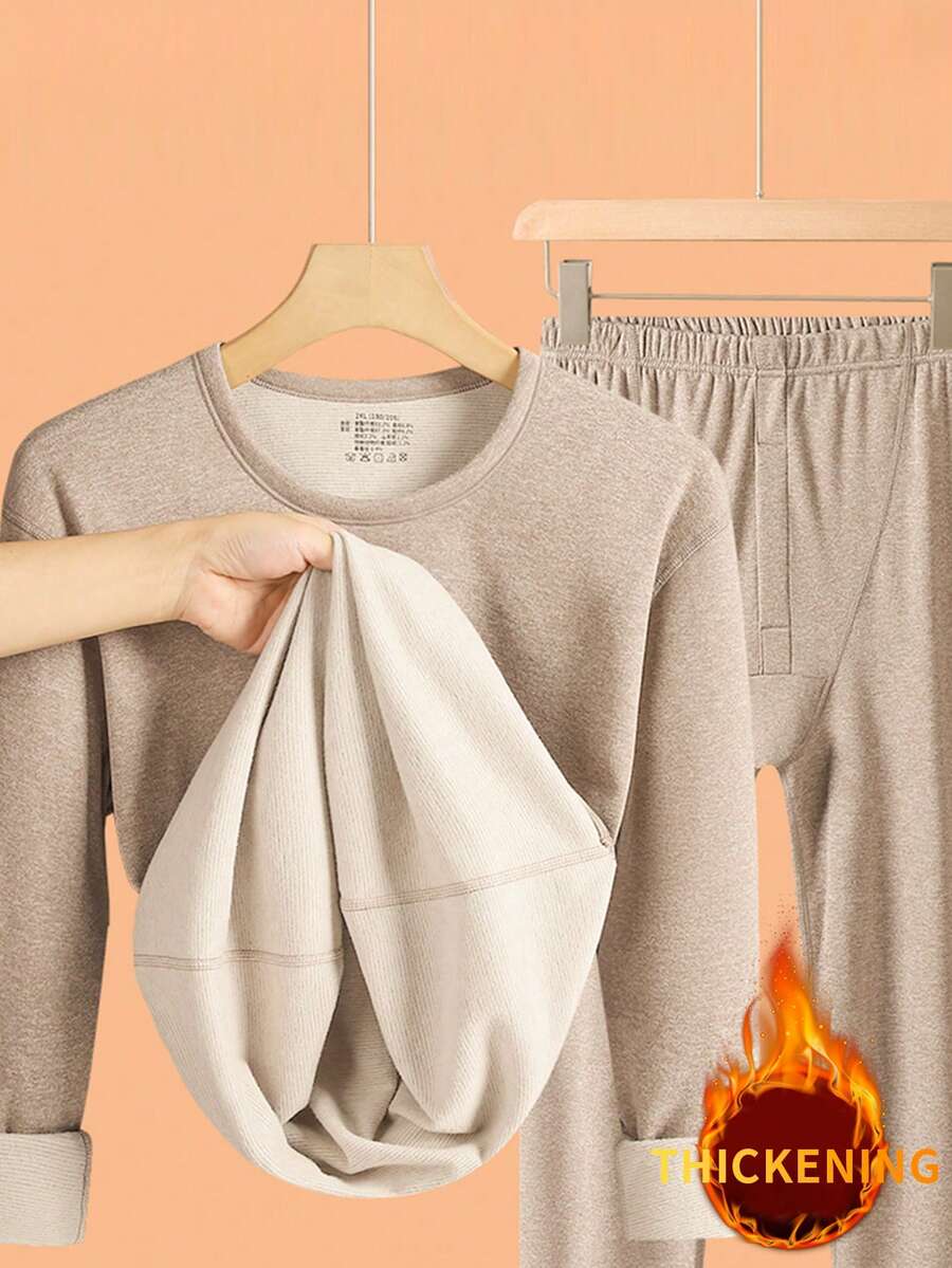 1set Men's Thermal Underwear Set, Elastic Fabric Base Layer Sleepwear Home Service Cold-Proof Innerwear Suit, Autumn/Winter