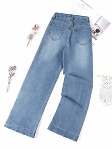 Vaqueros casuales de mezclilla de lavado claro con pierna ancha para mujer, largos, de tela muy elástica, estilo moderno - Azul - Ver 3