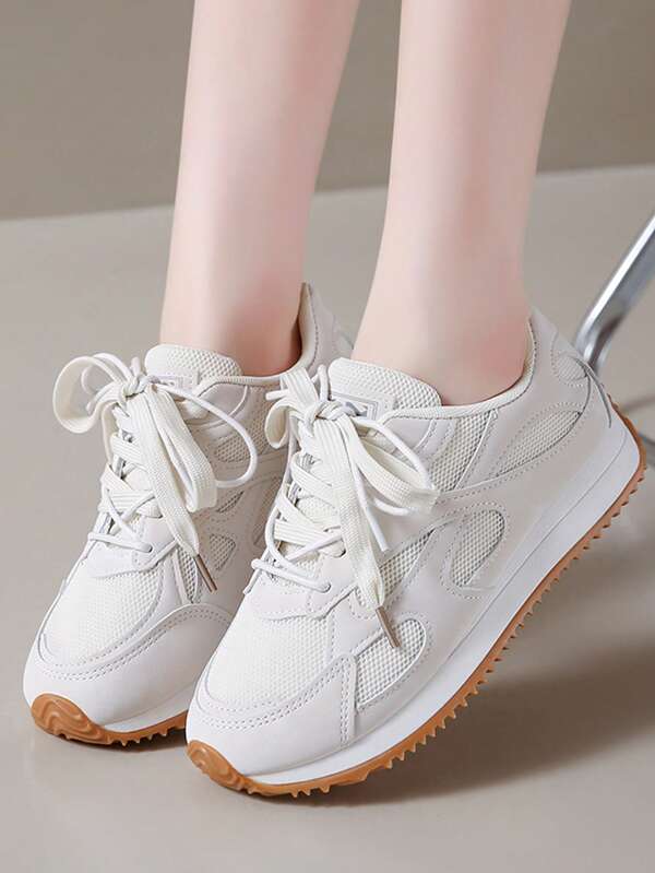 Women's Outdoor Lace-Up Breathable Color Block Casual Sports Shoes, Comfortable Versatile Thick Sole Lightweight Hiking Shoes, Suitable For Spring And Autumn