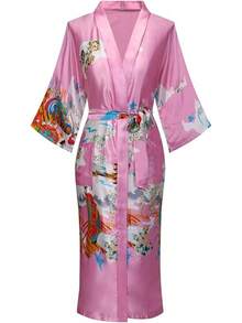 DandyChic Women's Long Floral Satin Robes Imitation Silk Sleepwear Bridal Dressing Gown For Bridesmaid Nightgownhalloween - 粉色 - 查看 10