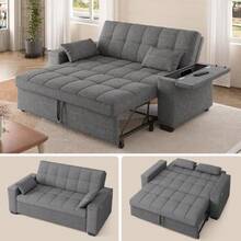 Convertible Sofa Bed Futon, Queen Size Sleeper Loveseat With Pull Out Couch, 3 In 1 Linen Fabric Futon Couch With Side Pockets, Storage Armrest & Adjustable Backrest For Living Room, Dark Grey,23116340 - 深灰色 - 查看 1