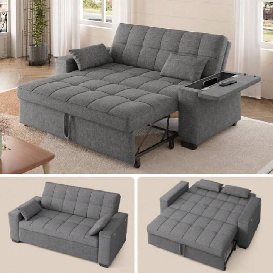 Convertible Sofa Bed Futon, Queen Size Sleeper Loveseat With Pull Out Couch, 3 In 1 Linen Fabric Futon Couch With Side Pockets, Storage Armrest & Adjustable Backrest For Living Room, Dark Grey,23116340 - 深灰色 - 查看 1