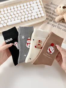 4 双新年女式圣诞雪人中筒袜，可爱卡通植绒保暖中筒袜，秋冬袜 - 彩色 - 查看 10