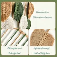 Tapiz bohemio tejido a mano con diseño de plumas en verde natural y beige y varilla de madera para dormitorio, sala de estar u oficina. - Café integral - Ver 5
