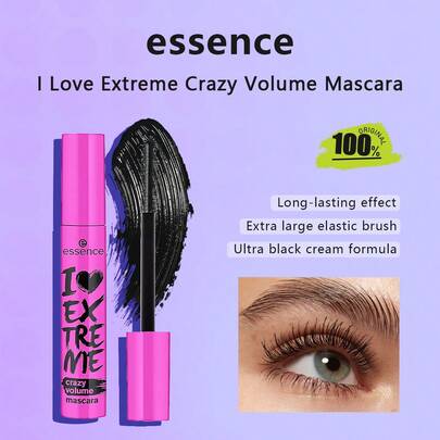 Essence 我爱极致丰盈睫毛膏，极致丰盈，打造戏剧性妆容效果，防水持久配方，质地柔滑，100% 纯素，超大灵活刷头，一笔即可实现全面覆盖，12ml/0.4 液体盎司。