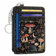 Mushrooms Credit Card Holder Small Wallet Women, Moon Slim RFID Blocking Wallet Woman Keychain With Zipper Coin Pocket, Front Pocket Thin Travel Card Case Organizer With ID Window Ladies Gift{"Color_name":"Mushroom"} - 多色13 - 查看 1