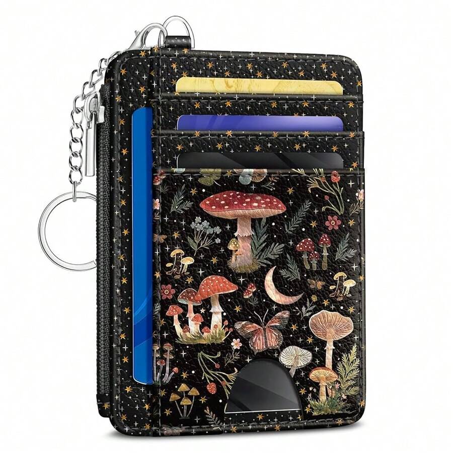 Mushrooms Credit Card Holder Small Wallet Women, Moon Slim RFID Blocking Wallet Woman Keychain With Zipper Coin Pocket, Front Pocket Thin Travel Card Case Organizer With ID Window Ladies Gift{"Color_name":"Mushroom"} - 多色13 - 查看 1