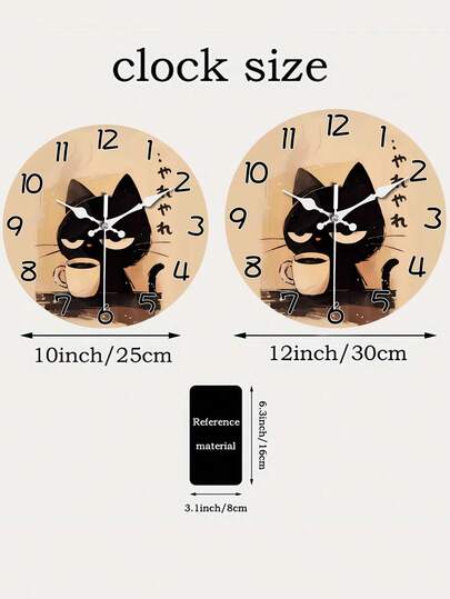 1Pc 10/12Inch Japanese Schattige Zwart Cat Large Wooden Wand Klok Battery Powered, Circular Silent Lazy Clock, ating Aesthetic Rooms, Living Bedrooms, Homes, Kitchens, Coffee Shops, Ideal Holiday (No Battery) view 6