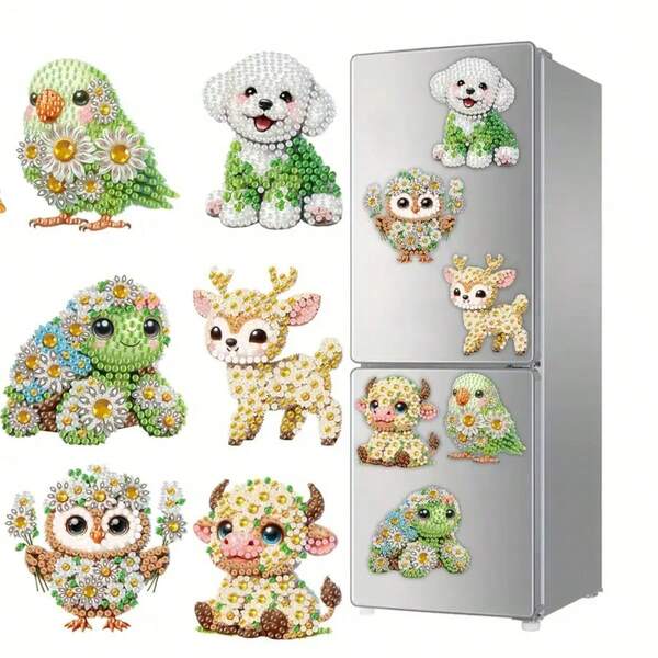 6pcs Diamond Painting Kit, Cute Cartoon Animal Theme Patterns - Handmade Multi-Color Refrigerator Decor For Party And Daily Use, Refrigerator And Car Decor, 5D Sparkling Diamond, Lovely Halloween & Christmas Gift
