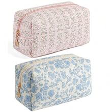 Makeup Travel Cosmetic Bag, Two Pack: Pink+Blue Floral, Zipper Closure, Durable Polyester, Perfect For Toiletry, Makeup, Travel{"Color_name":"TwoPack:(Pink+BlueFloral)"} - 兩件裝:(粉紅+藍色花) - 查看 2