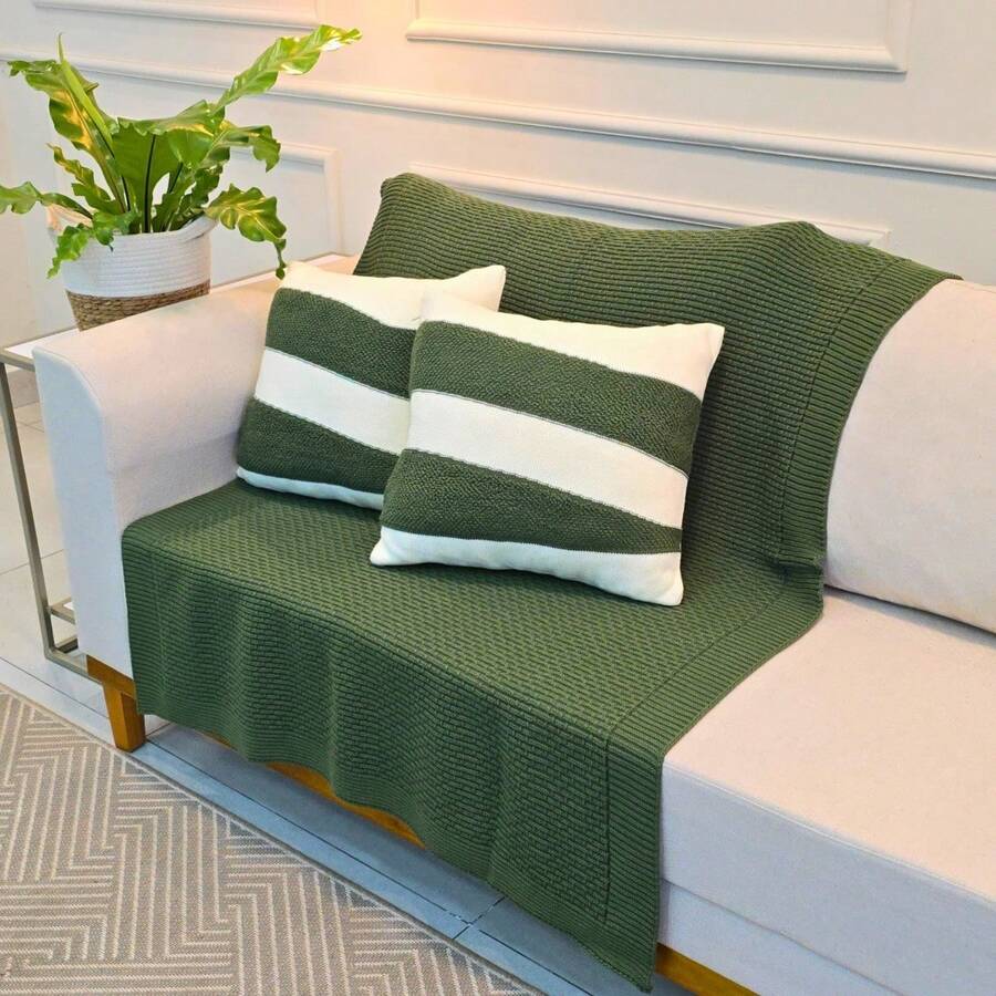 Sofa Armchair Knitting Blanket Kit 150x100cm Siena Decorative Living Room + 2 Cushion Covers 45X45cm - 橄欖綠和沙色 - 查看 1