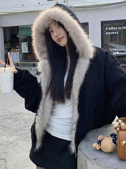 レディースジャケット、厚手で暖かい、レトロなy2kストリートアウトドアINSスタイル、ピュアブラック、ブラウンフェイクファーフード、新しい秋冬製品、快適で多用途