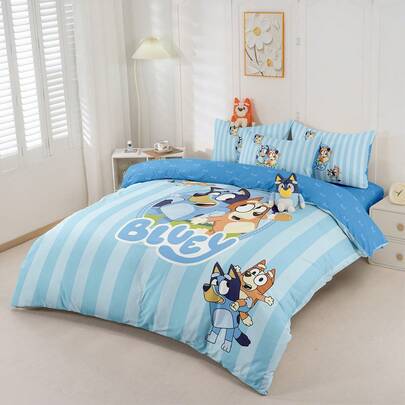 Bluey 2/3件套 Brui 床上用品套装，Brui 床上用品，舒适透气，亲肤，卡通风格被套套装，柔软抗起球，精美家纺，冷色调被套和枕套，不含被芯，适用于单人床、双人床、大号床、特大号床，四季皆宜