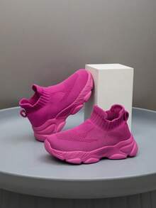 1 Pair Kids' Sneakers, Breathable Elastic Soft Shock-Absorbing Quick-Drying Lightweight Waterproof Combination Of Fabric And Leather Upper, Casual Street Style Suitable For Running, Walking, School, Knitted - Red Violet - View 6