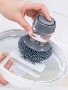 1 pièce Brosse automatique pour ajouter du liquide dans les plats, outil de nettoyage de type pression avec boule en fil d'acier, brosse de nettoyage pour évier de cuisine et plan de travail afin d'éliminer les taches d'huile sur les cuisinières de la maison