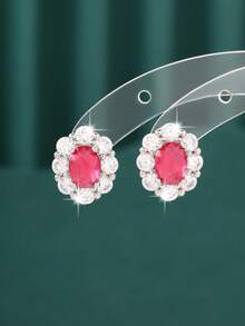 1 par de pendientes de botón de flor con micro-incrustaciones de circonita de lujo y delicados, de cobre, aptos para el uso diario