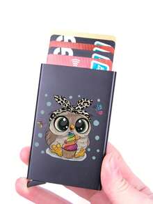 Portofel ultra-subțire din aluminiu cu blocare RFID pentru bărbați și femei - Suport de card pop-up cu design negru drăguț cu bufniță, protecție antifurt, potrivit pentru carduri de credit de afaceri, portofel mic cu carduri pentru femei