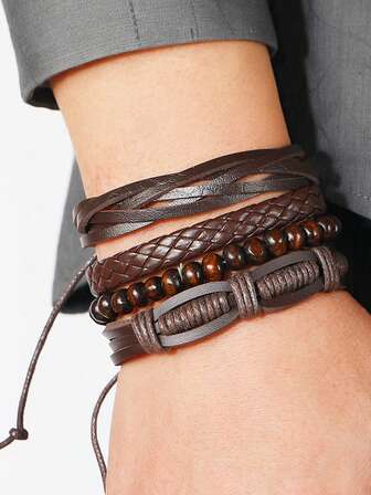 4 st vintage flätade armbandsset med flera lager, handgjort gör-det-själv-läderarmband, pärlarmband, lämpligt för pojkar och flickor