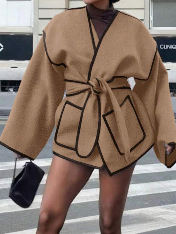 Autumn/Winter Ladies' Casual Woolen Coat With Contrasting Colors, Elegant Clothes, Fashion And Warmth.