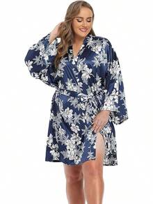 iFigure Batas cortas de satén para mujer, talla, batas de - floral azul marino - Ver 6
