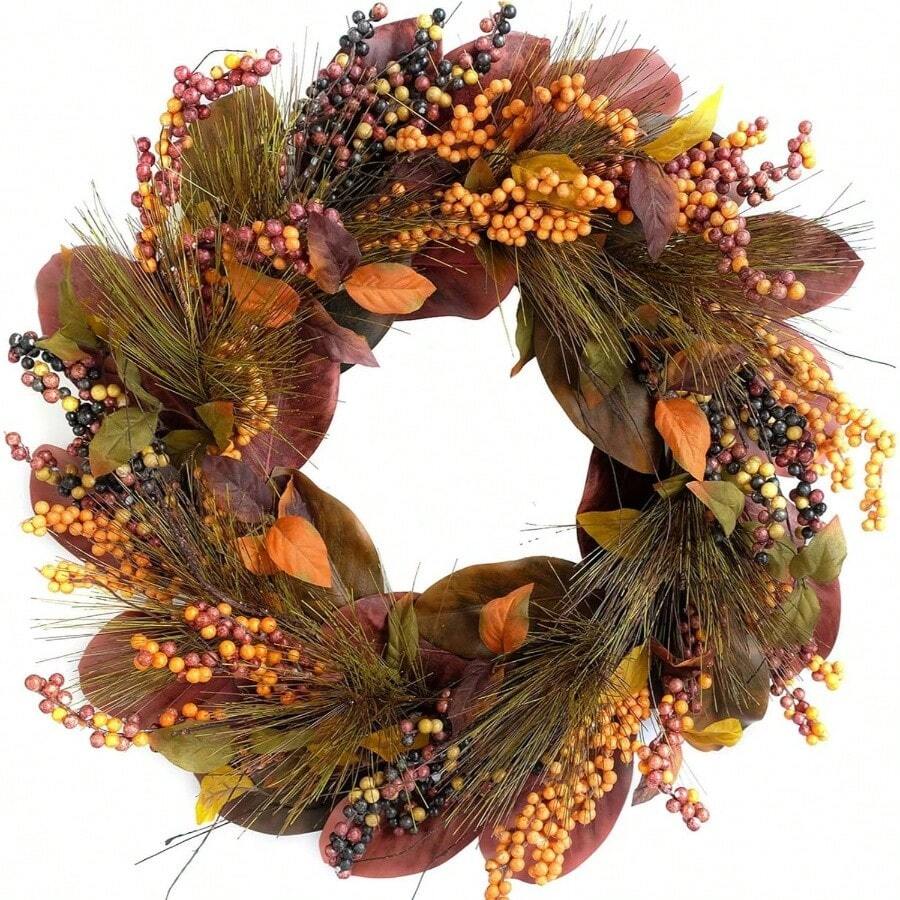 18 Inch Fall Wreath Magnolia Leaves With Pine Needle Yellow Berry Wreath Front Door Harvest Festival Decor Window Wedding Autumn Outdoor Indoor Dcor