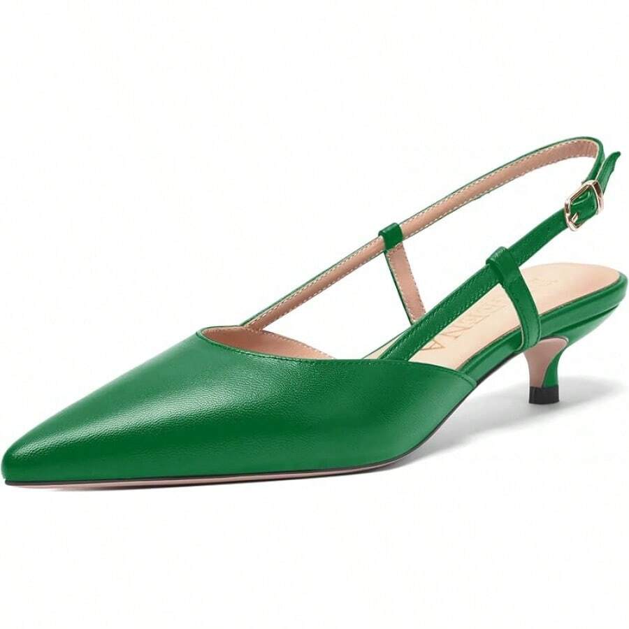 Womens Fashion Slingback Matte Leather Wedding Pointed Toe Slip Kitten Low Heel Pumps Shoes 1.5 Inchhalloween - màu xanh lá - Xem 1