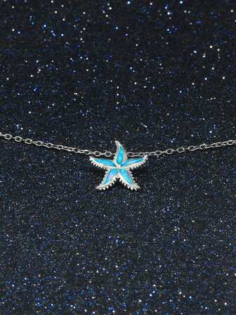 1pc S925 Silver Starfish Necklace, Fashionable Pendant Jewelry, Suitable For Women's Daily Wear, Party, Celebration, Gift For Couples