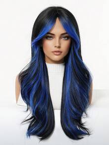 Multicolor Synthetic Wig With Bangs Black Mix Blue Long Natural Curly Wig For Women Daily Party Cosplay Christmas Wigs For Girls For Halloween And Christmas New Year Carnival Music Festival Cosplay ,Gifts For Girls,Summer Graduation Gifts,Ready-Made Gifts,Halloween Christmas Gifts - 挑染藍色 - 查看 4