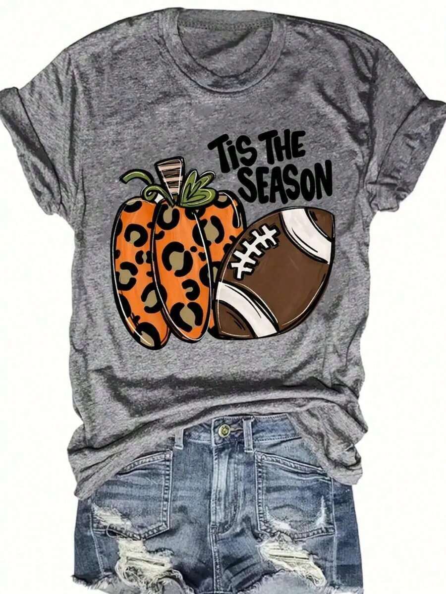 Thanksgiving Animal & Letter Print T-Shirt, Casual Short Sleeve Top For Spring & Summer, Women's Clothing Comfort Tops - Light Gray 2 - View 1