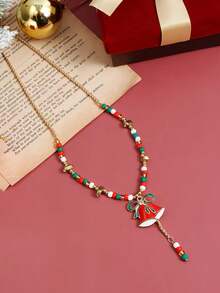 1pc Christmas Atmosphere Necklace With Bow & Santa Hat Colorblock, Fashionable New Year Party Necklace, New Year Gift Necklace