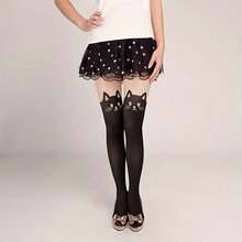 1 Pair Of Women's Black Transparent Cat Print Tights - Soft And Comfortable Casual Leggings With Cute Cartoon Kitten Design, Machine Washable, Suitable For Casual Wear And Theme Events - 1 đôi màu đen - Xem 3