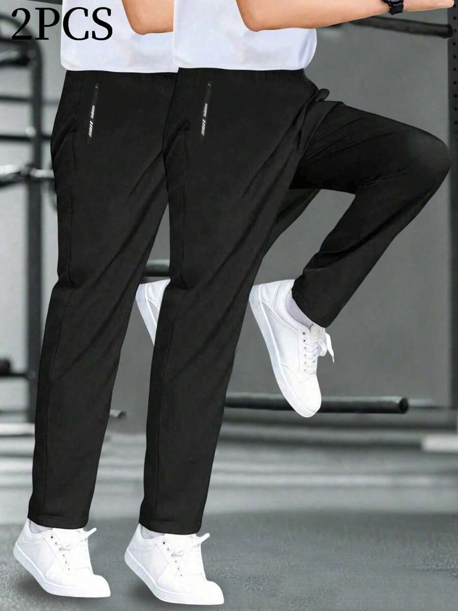 2pcs Breathable Lightweight Casual Zipper Pocket Pants For Teenage Boys, Suitable For Sports, Outdoor Activities, Spring/Summer Wear - Black - View 1