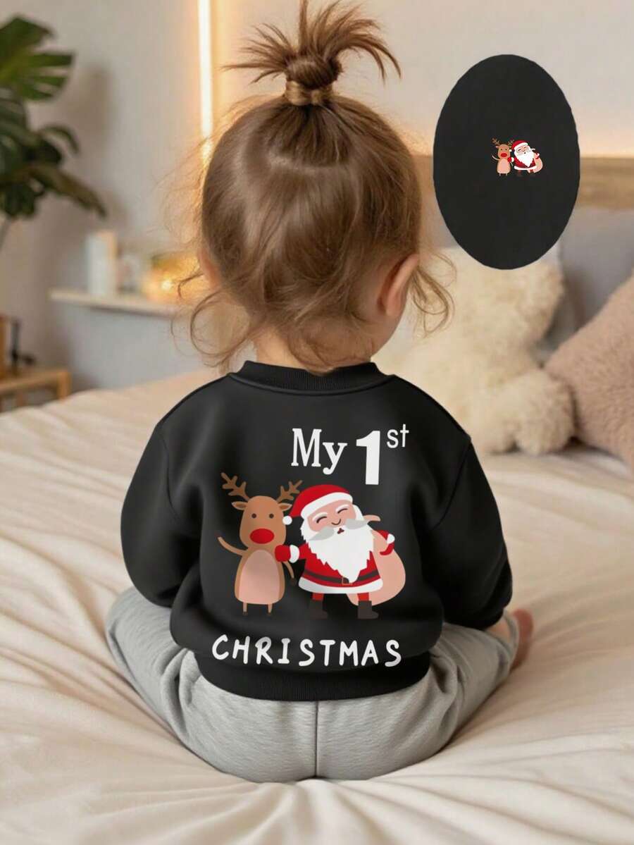 1pc My First Christmas Baby Girl Casual Graphic Print Crew Neck Pullover Sweatshirt, Autumn/Winter , Adorable Santa & Reindeer Print Brings Joy & Happiness To Every Child! - Black - View 1