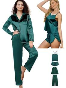 4Pcs Womens Silk Pajama Sets Satin Pajamas Set Sexy Cami Lingerie Pjs Nightwear Silky Pj Loungewear Sleepwearhalloween - 孔雀綠 - 查看 12