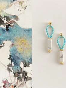 1 对复古新中式风格耳环，采用 925 银针材质，玻璃珍珠，镶嵌锆石和天然石，波西米亚风格耳环，适合女性日常和派对佩戴