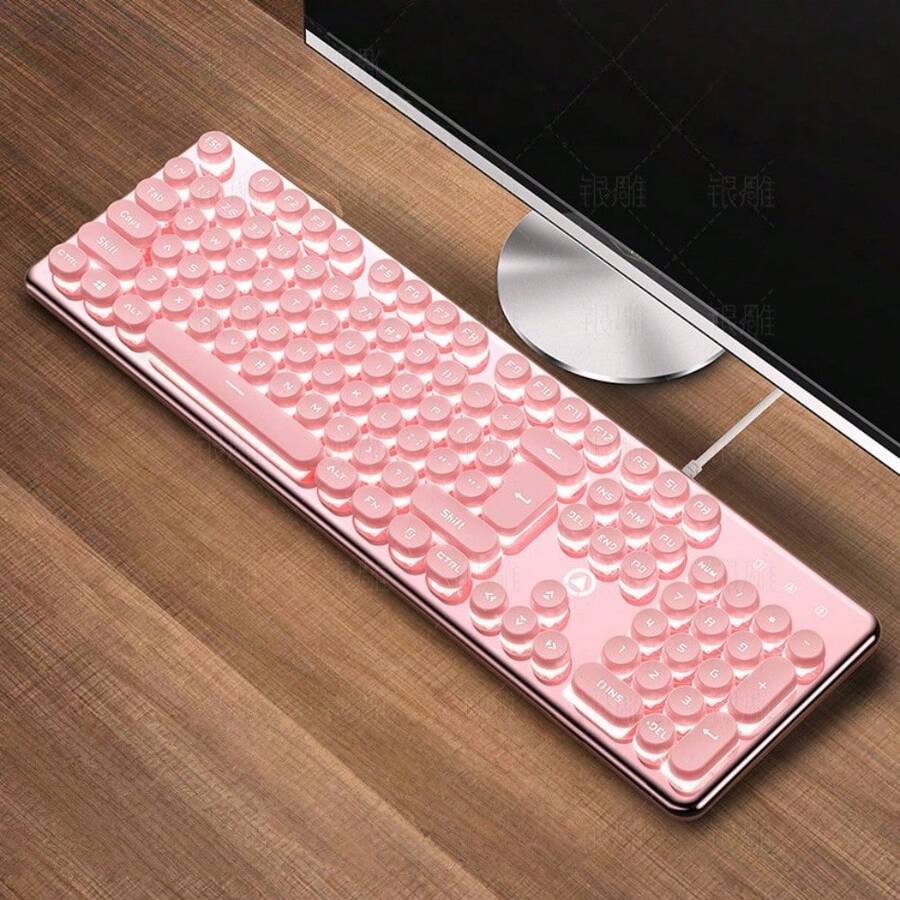 銀雕 V7 水晶機械的な触感ゲーミング有線キーボード 丸形パンク風キーキャップ 発光 - ピンクの白い光 - チェックする 1