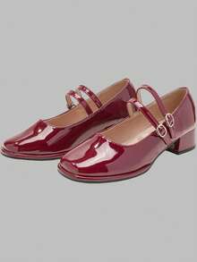 DareSee 时尚女士简约双扣粗跟玛丽珍鞋，红色高跟鞋和紫色纯色平底鞋，适合音乐节、Y2K 节、秋季、圣诞节、冬季等场合，是圣诞节礼物的理想之选。 - 酒紅色 - 查看 3