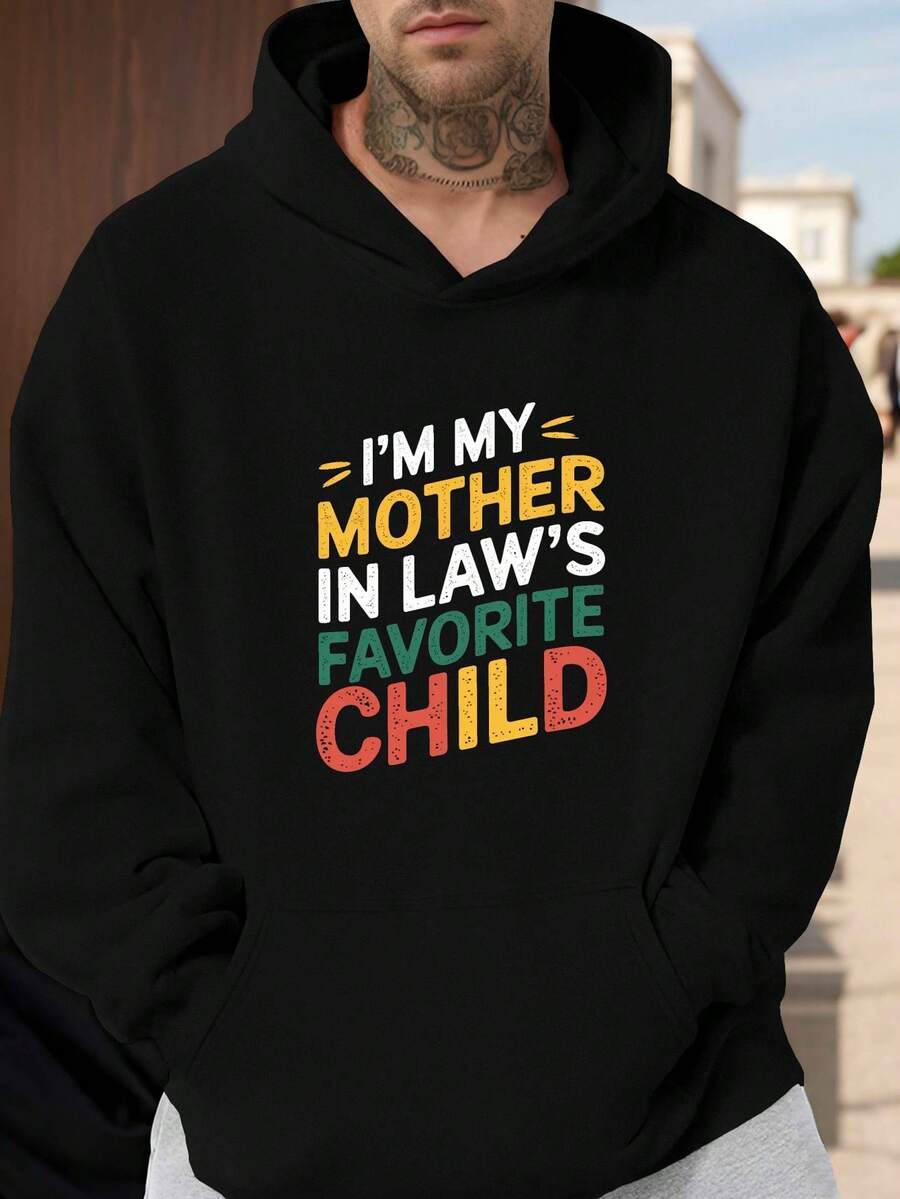 484g/m², Sudadera con Capucha para Hombre de Mezcla de Algodón y Poliéster al 50%, Cómoda y Cálida, Sudadera con Estampado 'Soy la Favorita de Mamá', Sudadera Casual con Bolsillo Canguro, Sudadera de Manga Larga Cómoda, Adecuada para Uso Casual, Sudadera con Capucha, Adecuada para Principios de Primavera, Otoño e Invierno, Impresión de Alta Calidad, Adecuada para Capas o Usar Solo, Casual y Versátil - Negro - Ver 1