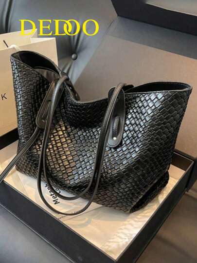 Dedoo Women's Multifunctional Solid Color Woven Pattern PU Leather Handbag, Minimalist Large Capacity Top Handle Shoulder Bag, Casual Lightweight Commuter Tote Bag, Suitable For Daily Office, Fashionable Waterproof Square Outdoor Travel Shopping Crossbody Bag