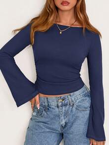 Fall New Arrival Women's Long-Sleeve Top Crop-Top Style Casual Outerwear Boat Neck With Bell Sleeves Ribbed Pleated Design Millennial-Inspired Fashion - Xanh nước biển - Xem 6